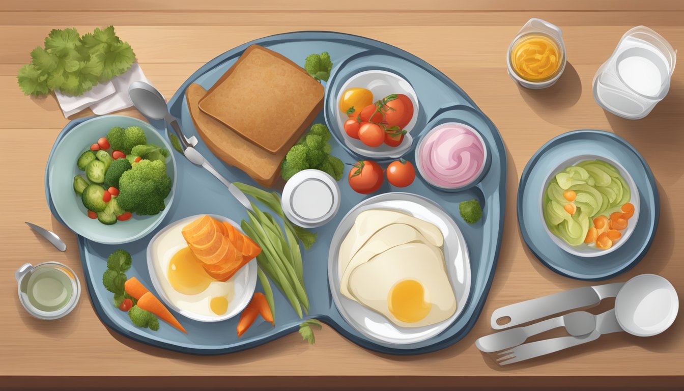 A table with portioned food items, measuring cups, and a plate with balanced diabetic meal