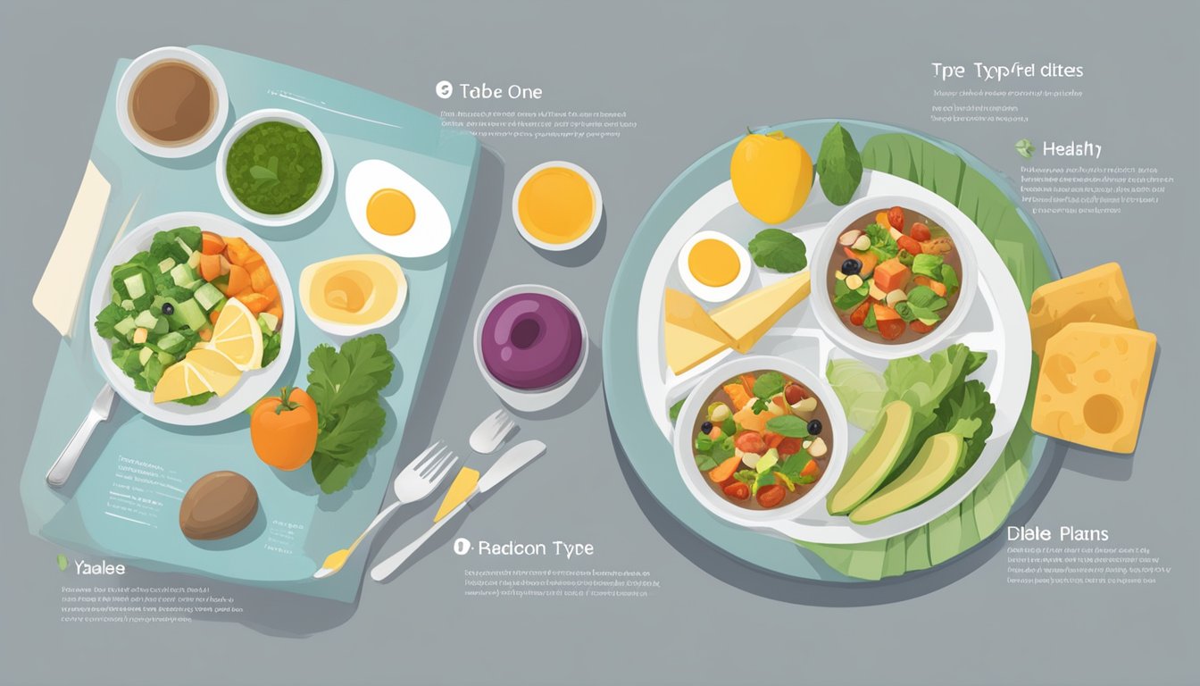 A table with two meal plans: one for Type 1 and one for Type 2 diabetes. Each plan includes a variety of healthy foods and portion sizes