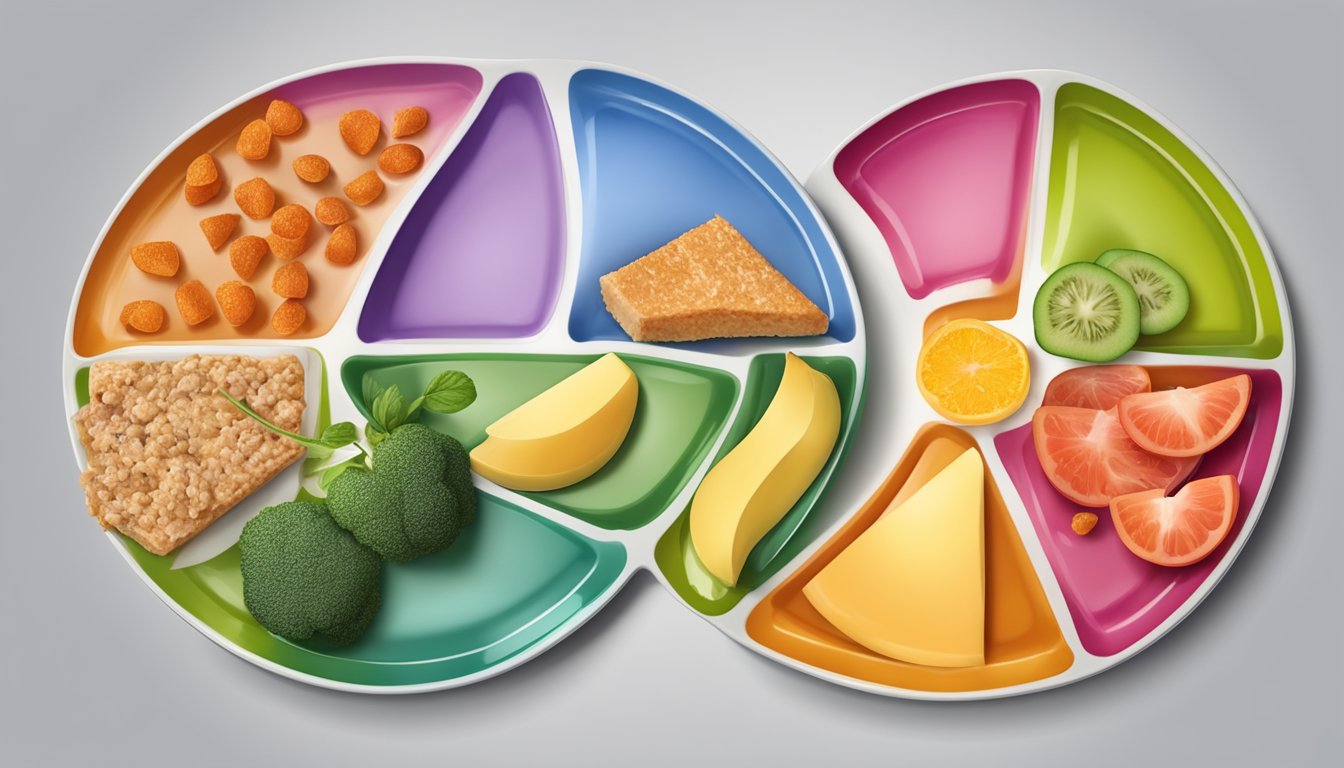 A colorful plate with portioned food groups for diabetes meal planning