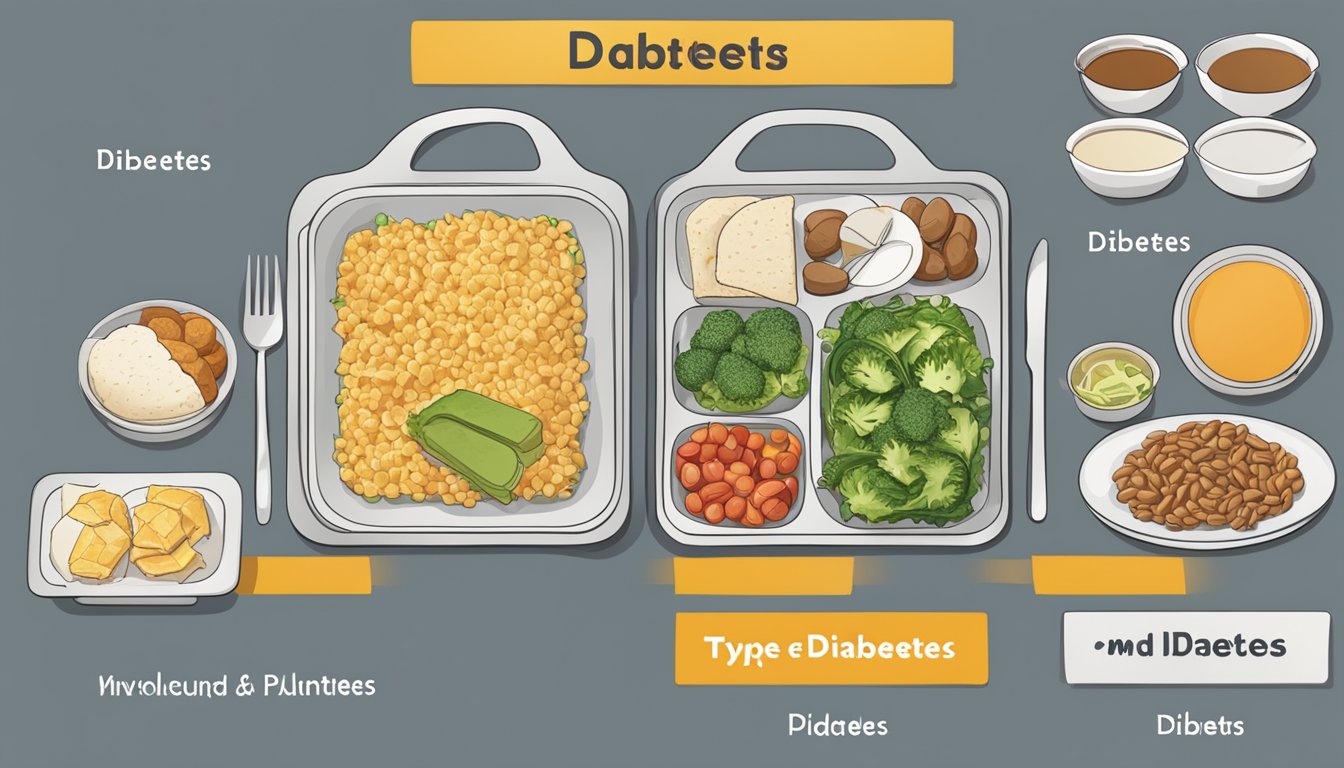 A table with two meal plans side by side, one labeled "Type 1 Diabetes" and the other "Type 2 Diabetes," with different food items and portion sizes