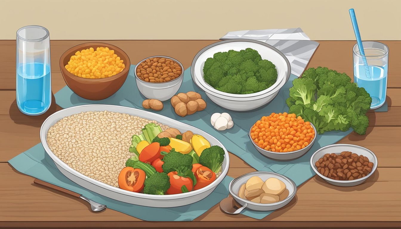 A table set with a balanced meal of lean protein, whole grains, and colorful vegetables, with a glass of water, and a blood sugar monitor nearby