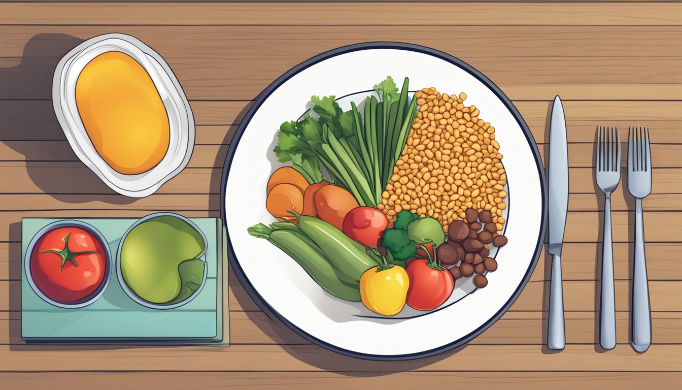 A table set with a balanced diabetic meal, including a plate of colorful vegetables, a portion of lean protein, and a small serving of whole grains