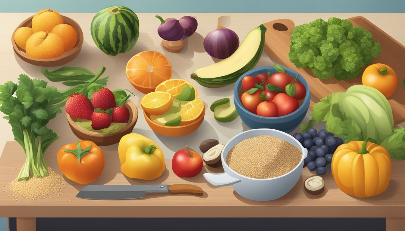 A kitchen counter with a variety of fresh fruits, vegetables, and whole grains, along with a cutting board, knife, and measuring cups