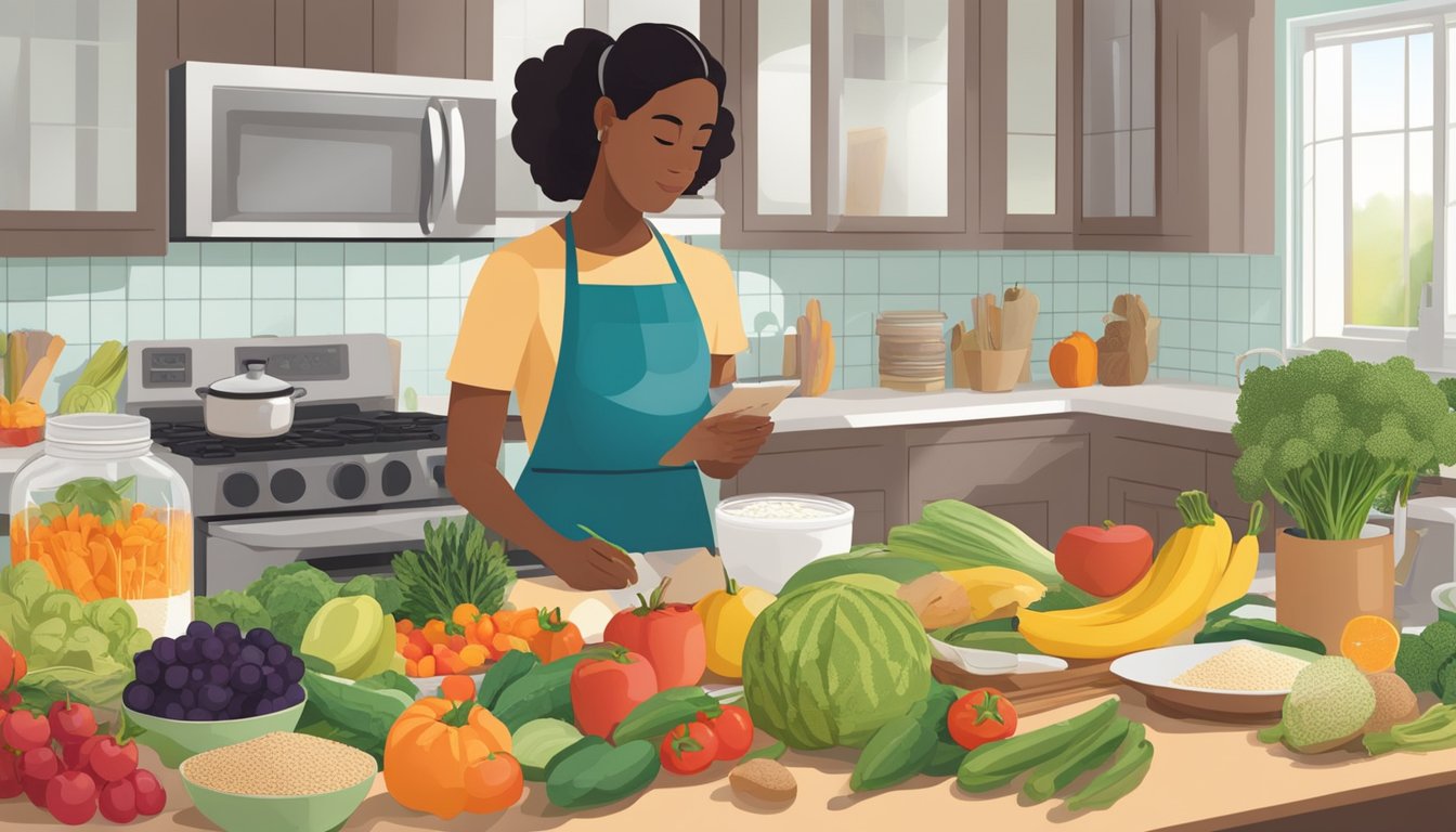 A kitchen counter with a variety of fresh fruits, vegetables, and whole grains. A cookbook open to a page on diabetic-friendly recipes. A person reviewing a list of food allergies