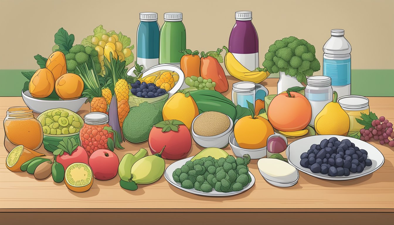 A colorful array of fresh fruits, vegetables, and supplements arranged on a table, with a low-glycemic index meal plan displayed on a nearby screen