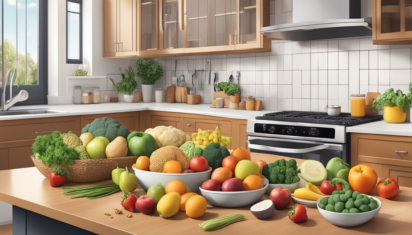 A colorful array of fresh fruits, vegetables, lean proteins, and whole grains arranged on a kitchen counter, with a meal plan and recipe book nearby