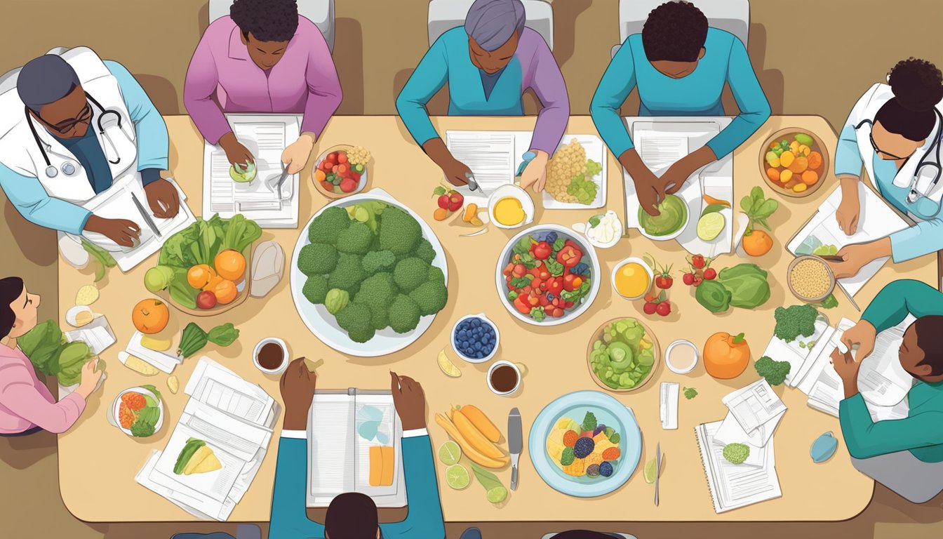 A group of healthcare professionals sit around a table, discussing and planning diabetic-friendly meals for patients with food allergies. A variety of fruits, vegetables, and grains are spread out on the table for consideration