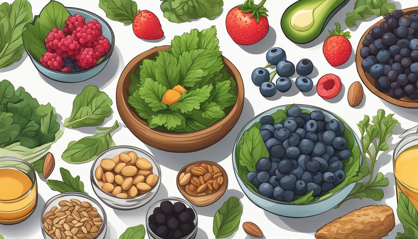 A colorful array of nutrient-dense superfoods arranged on a table, including leafy greens, berries, nuts, and lean protein sources