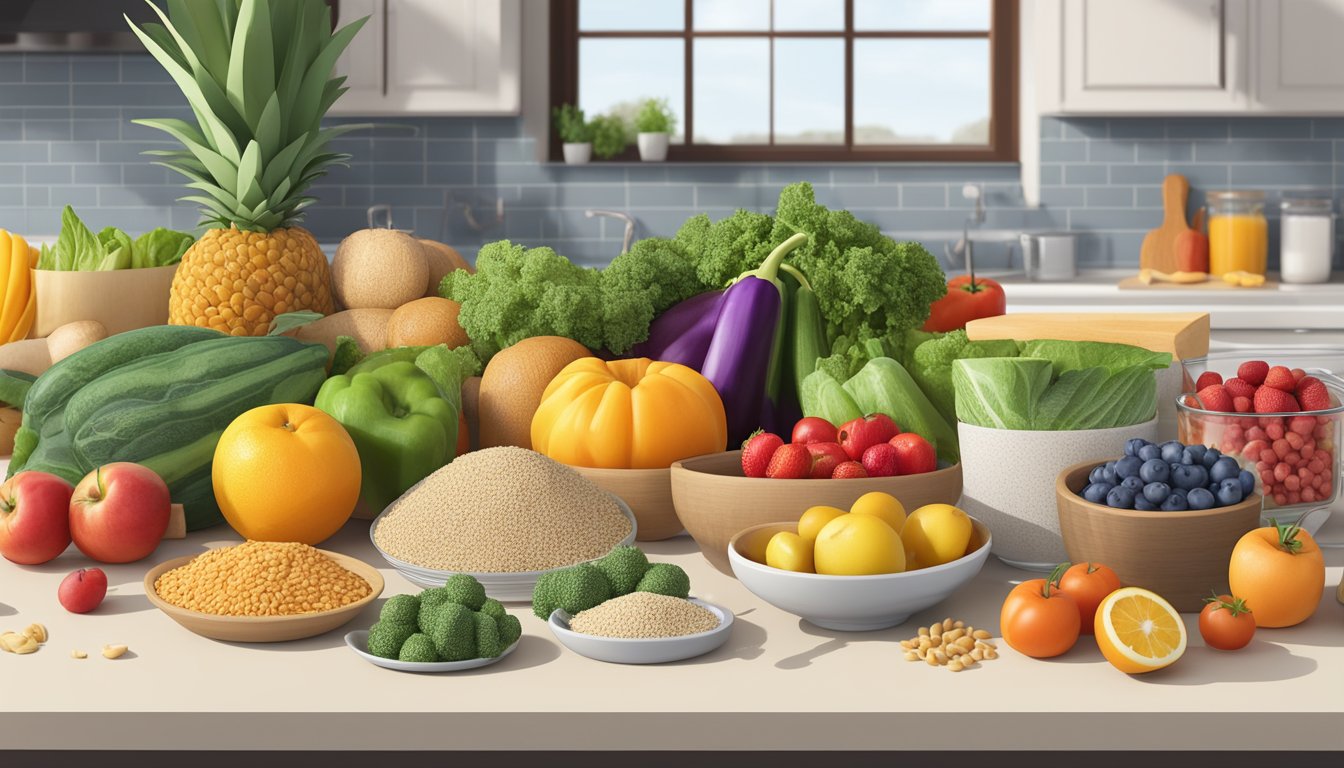 A colorful array of fresh fruits, vegetables, whole grains, and lean proteins arranged on a kitchen counter, with a measuring cup and a diabetes meal plan laid out next to them