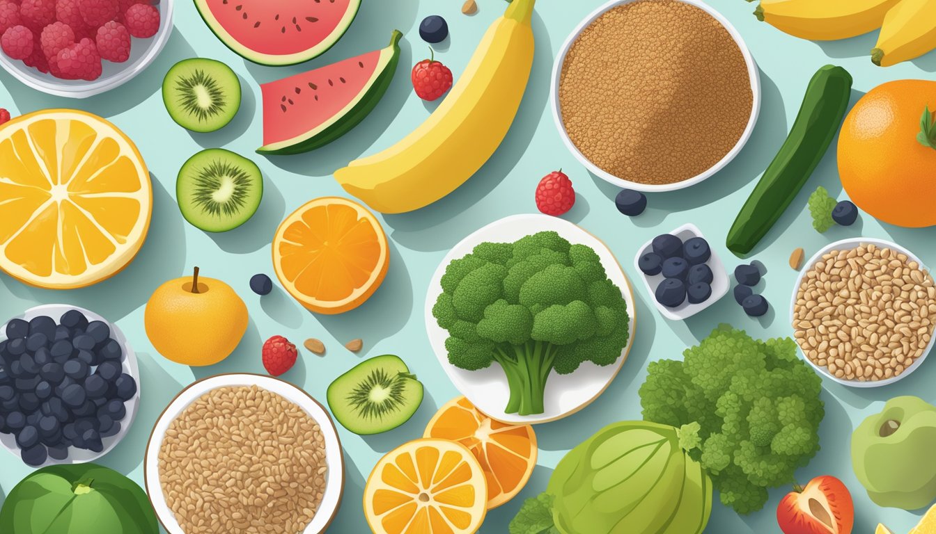 A colorful array of nutrient-dense fruits, vegetables, whole grains, and lean proteins arranged on a table, with a focus on budget-friendly superfoods suitable for diabetics