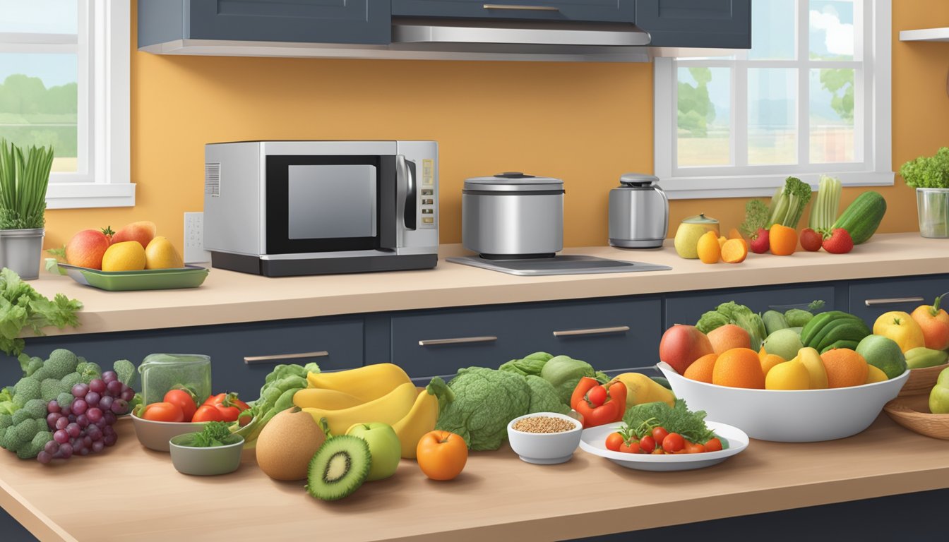 A kitchen counter with a variety of fresh fruits, vegetables, lean proteins, and whole grains laid out for meal preparation. A calendar with rotating work shifts is visible in the background