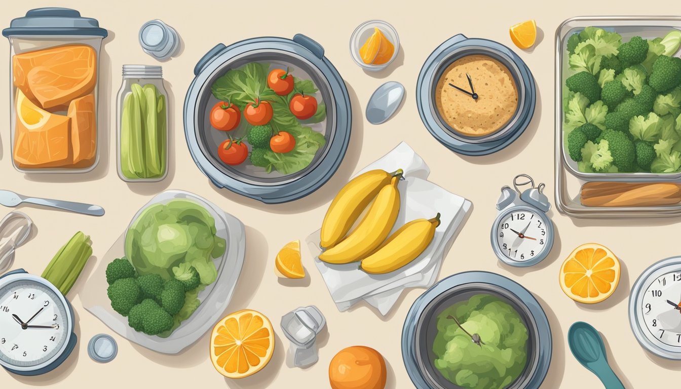 A kitchen counter with a variety of healthy foods and meal prep containers, a clock showing different times, and a calendar with shift schedules