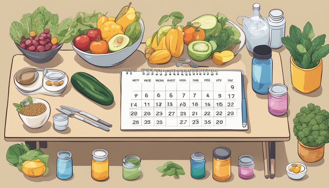 A table with various supplements and healthy foods, alongside a calendar showing irregular work shifts