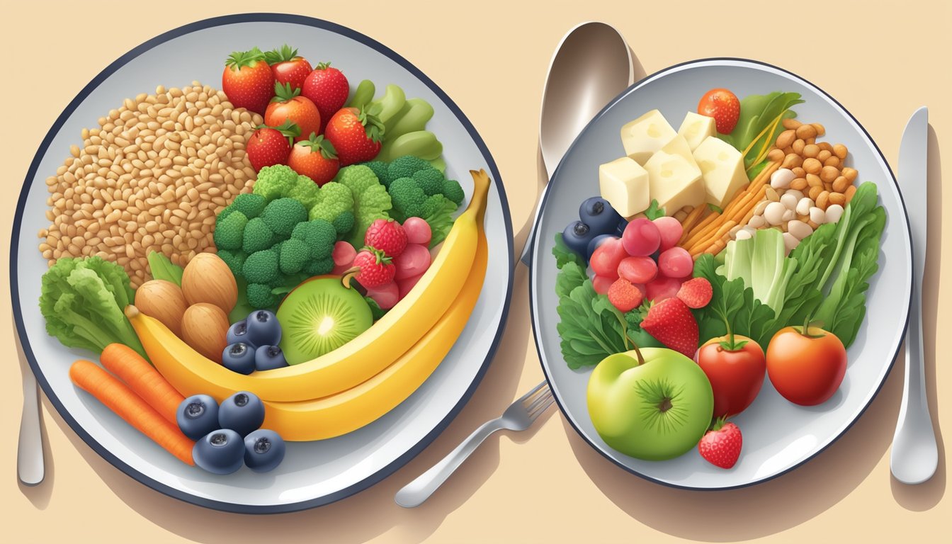 A colorful plate with a variety of kidney-friendly foods, including lean proteins, whole grains, fruits, and vegetables, arranged in a balanced and visually appealing manner