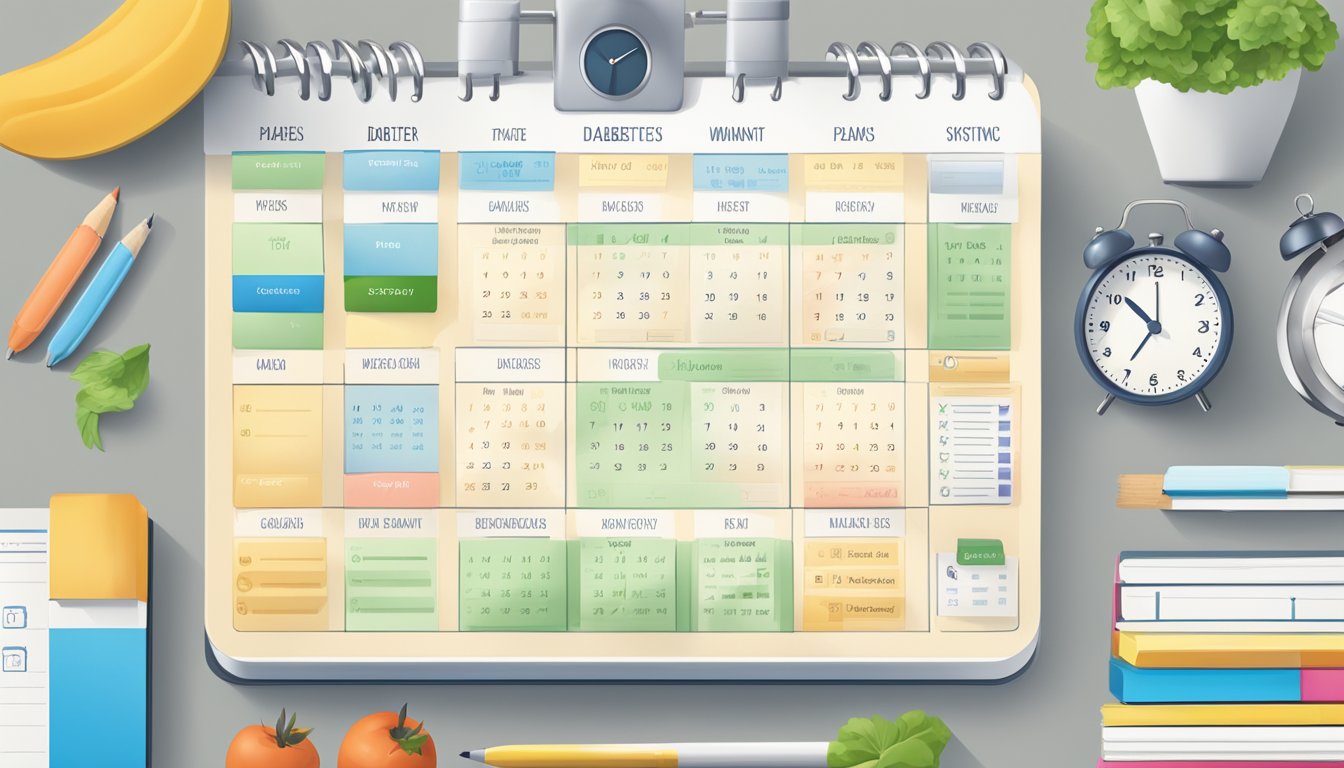 A calendar with meal plans and a clock showing different shift times. A stack of diabetes management resources and support system contacts