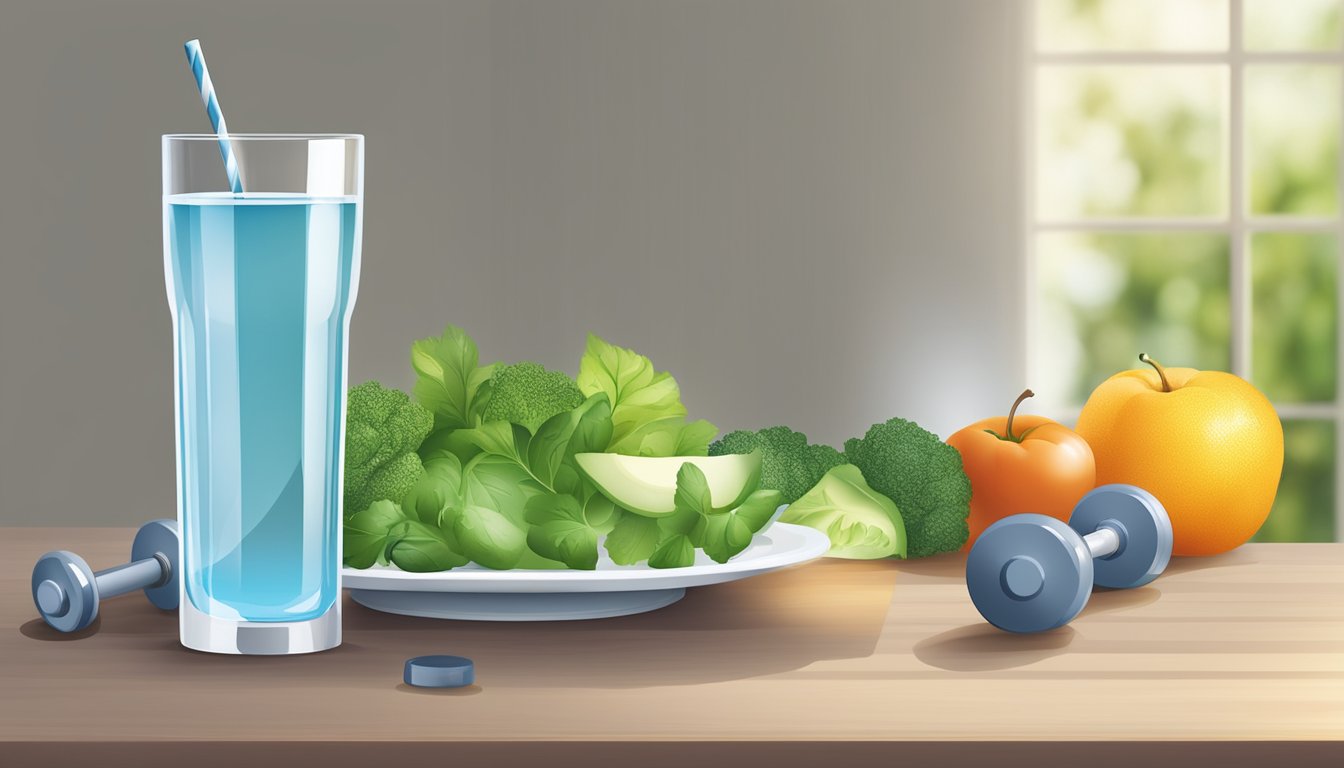 A glass of water and a dumbbell placed next to a plate of healthy food on a table