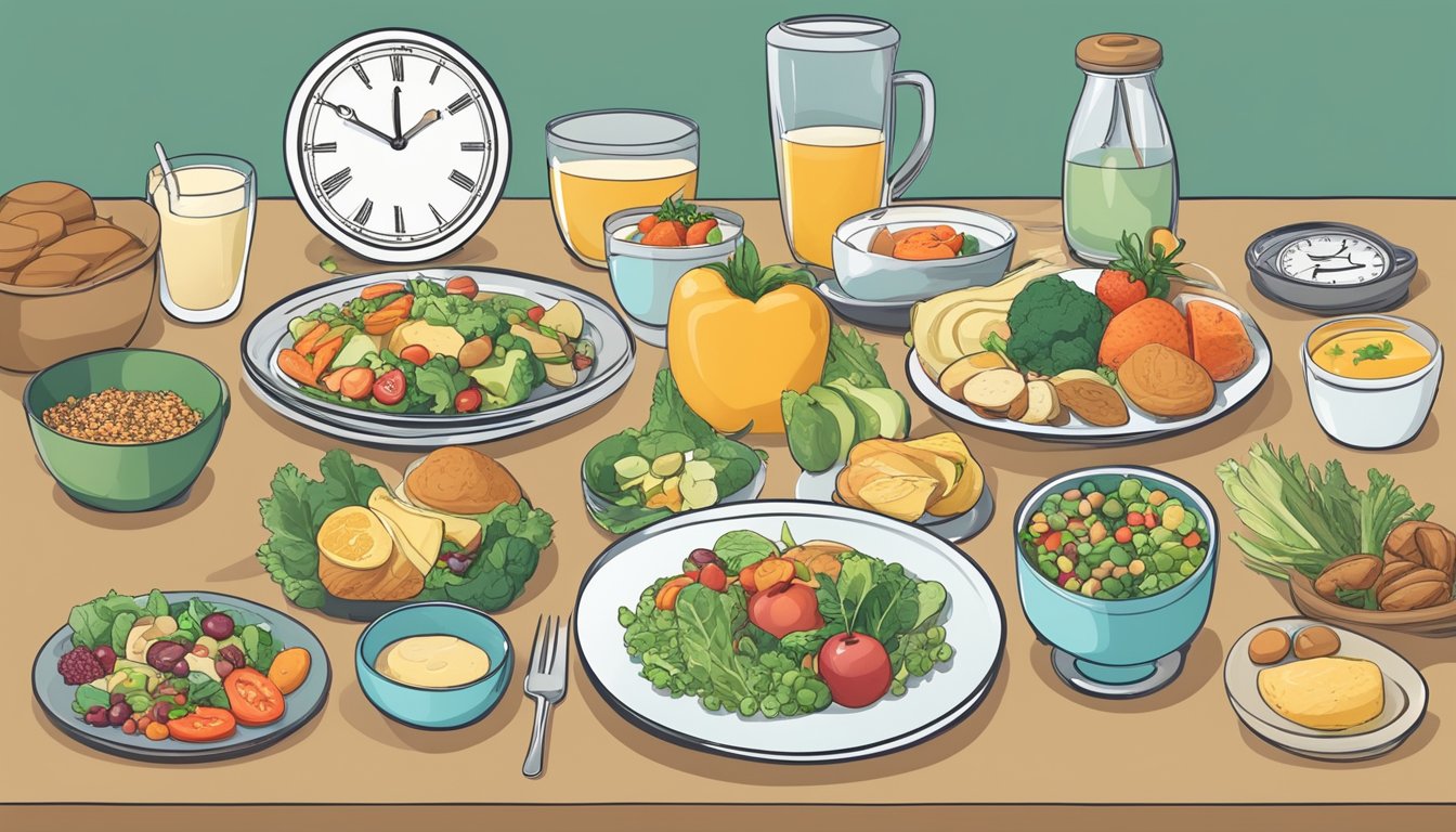 A dining table with a balanced meal plan spread out, including a variety of healthy foods and portion sizes, with a clock in the background indicating the intermittent fasting schedule