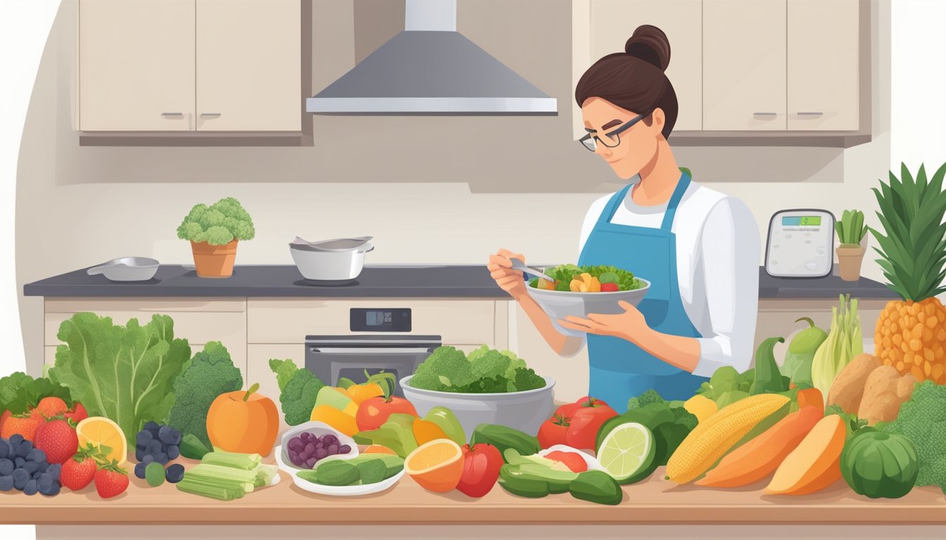 A diabetic person carefully preparing and portioning out balanced meals for intermittent fasting, surrounded by fresh fruits, vegetables, and whole grains