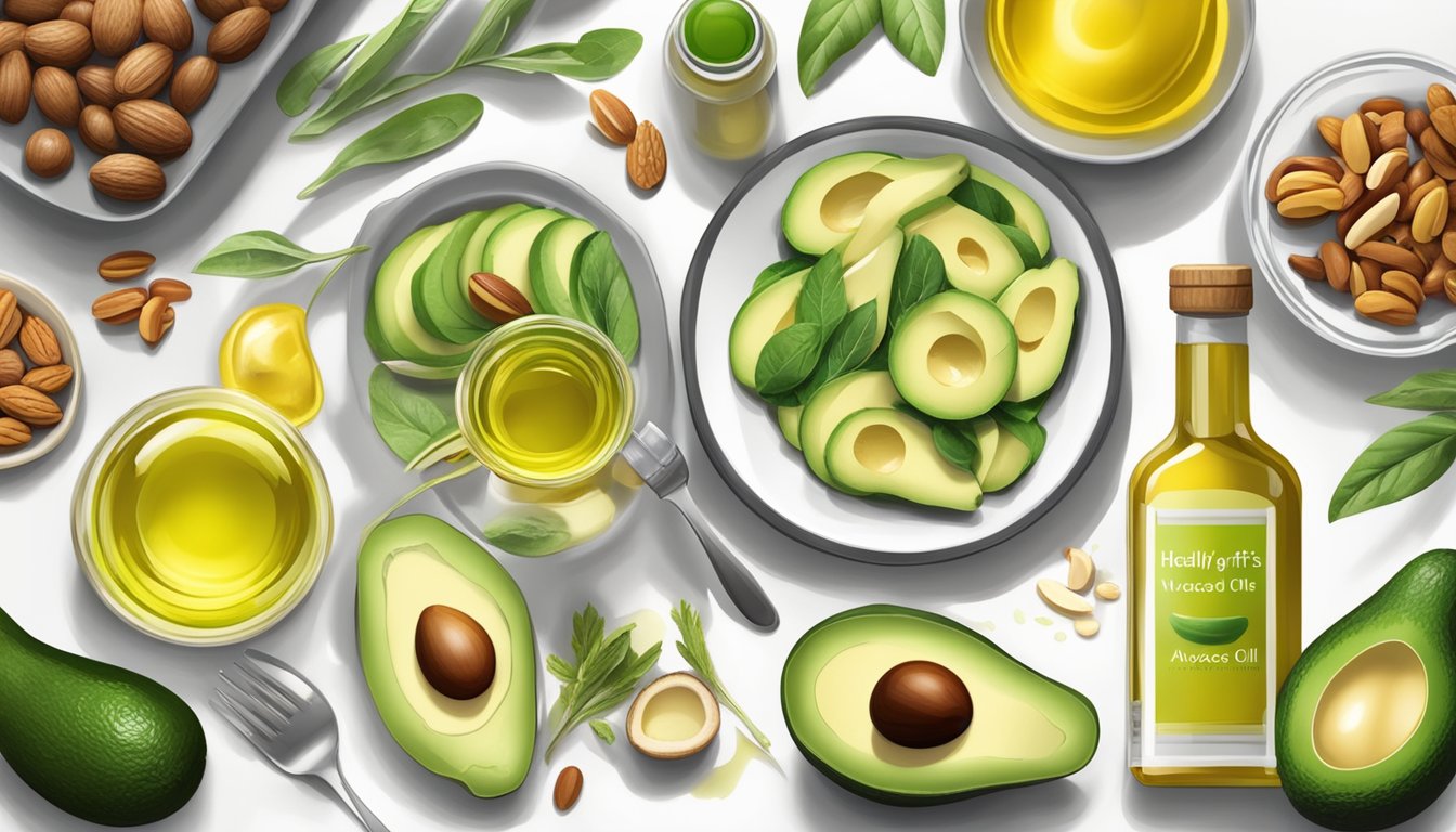 A table with a variety of healthy fats and oils, such as avocados, nuts, and olive oil, alongside a kidney-friendly meal plan for diabetics