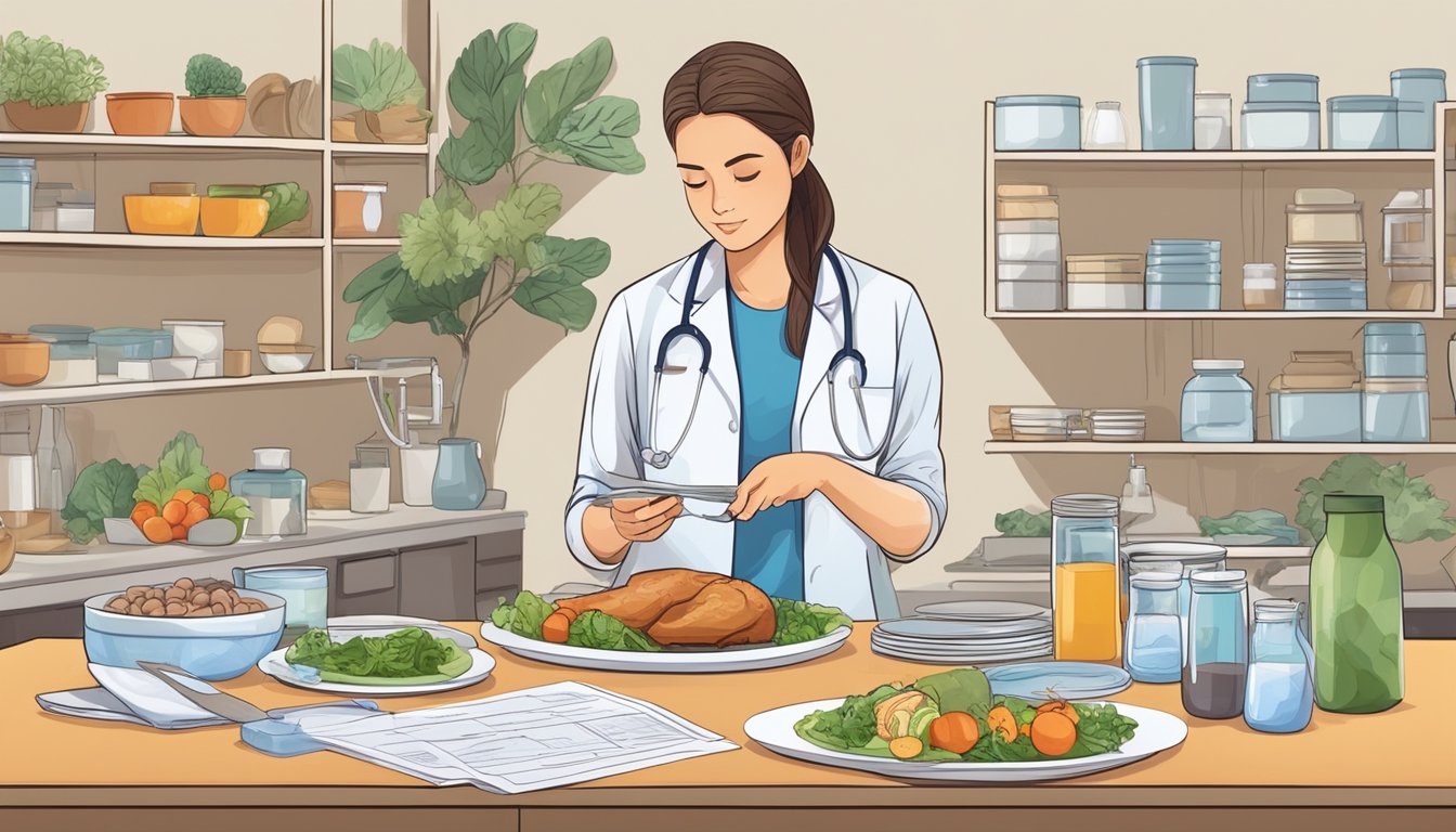 A dietician carefully measuring and portioning out various food items onto a plate, surrounded by medical charts and research papers on intermittent fasting for diabetic patients