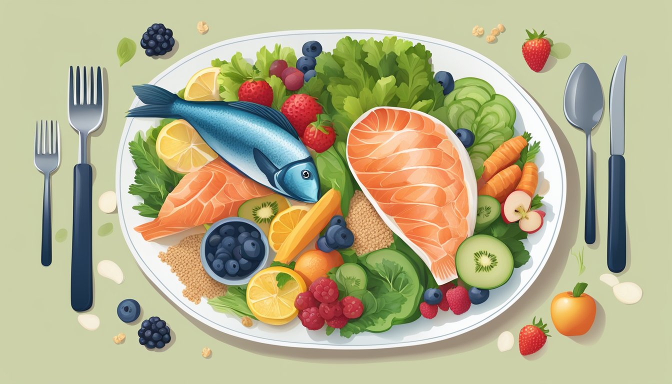 A colorful plate with portions of fish, vegetables, and whole grains, surrounded by kidney-friendly foods like berries, apples, and leafy greens