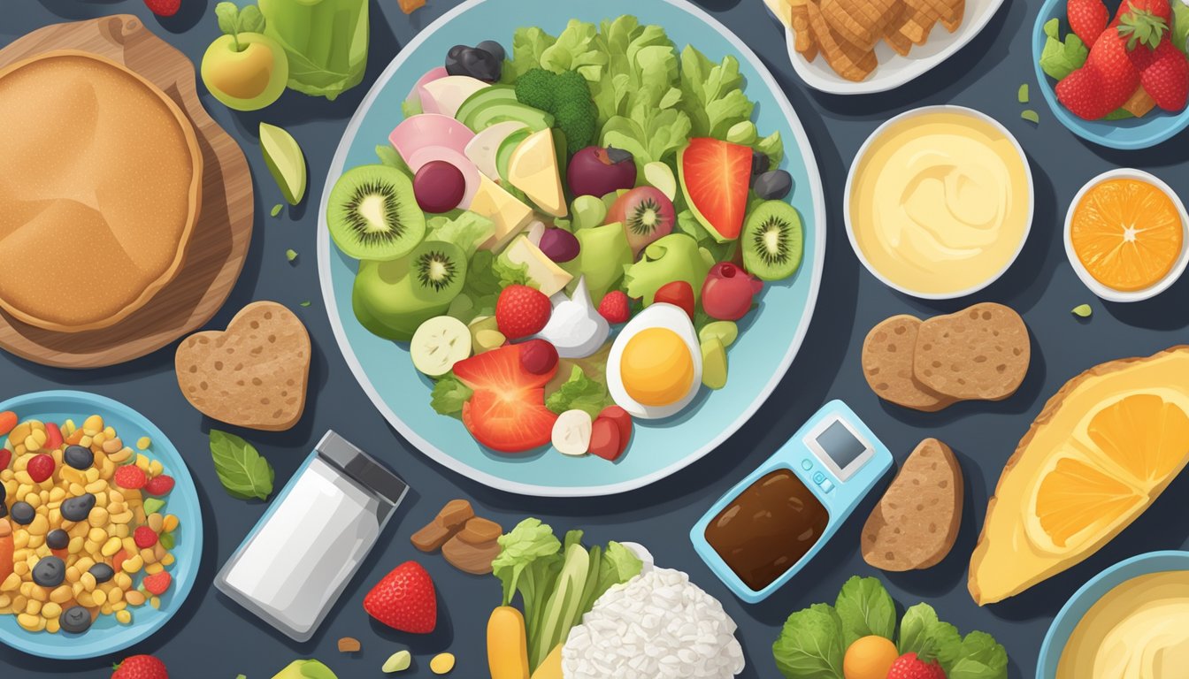 A colorful array of low-carb, high-fat foods arranged on a plate, with a measuring tape and blood glucose monitor nearby