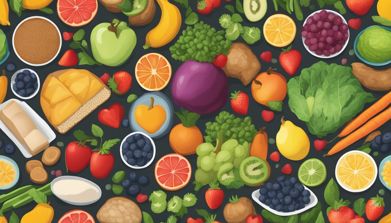 A table set with a variety of colorful fruits, vegetables, whole grains, and lean proteins, with a focus on heart-healthy foods for a cholesterol-lowering diet for diabetics