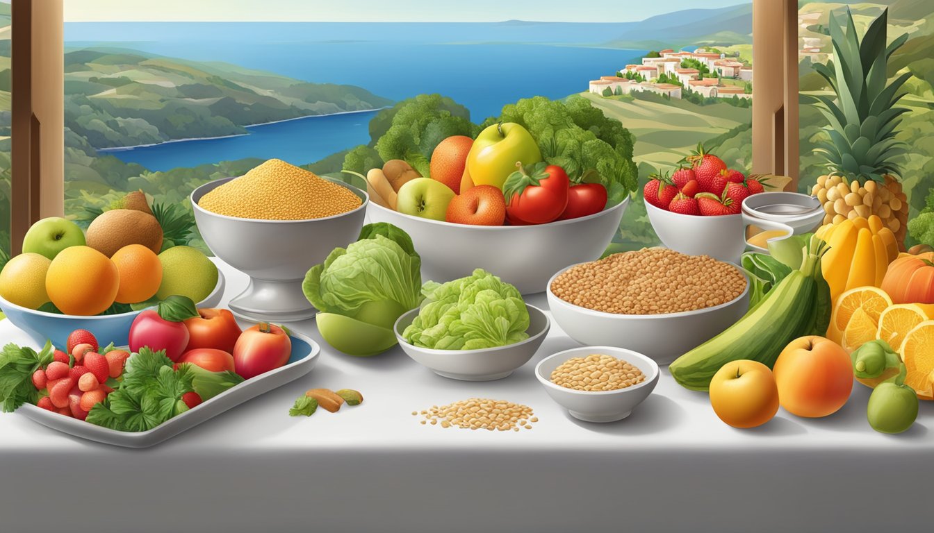 A table set with a colorful array of fresh fruits, vegetables, whole grains, and lean proteins, surrounded by a scenic Mediterranean landscape