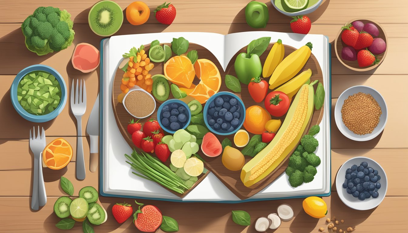 A colorful array of fresh fruits, vegetables, whole grains, and lean proteins arranged on a table, with a heart-healthy cookbook open to a cholesterol-lowering meal plan for diabetics