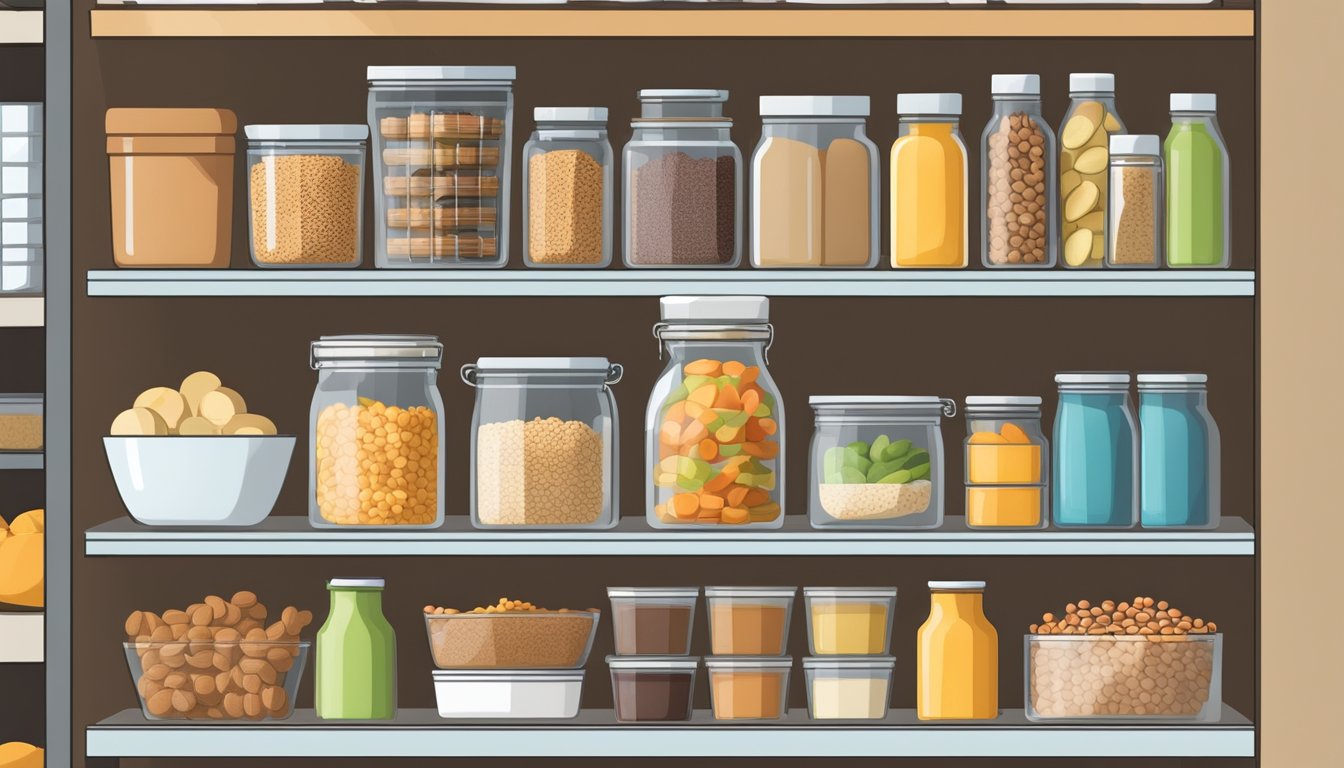 A neatly organized pantry with shelves stocked with diabetes-friendly foods such as whole grains, lean proteins, and low-sugar snacks