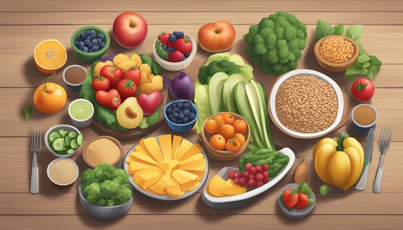 A table set with a variety of heart-healthy foods, including fruits, vegetables, whole grains, and lean proteins, with a Registered Dietitian providing guidance