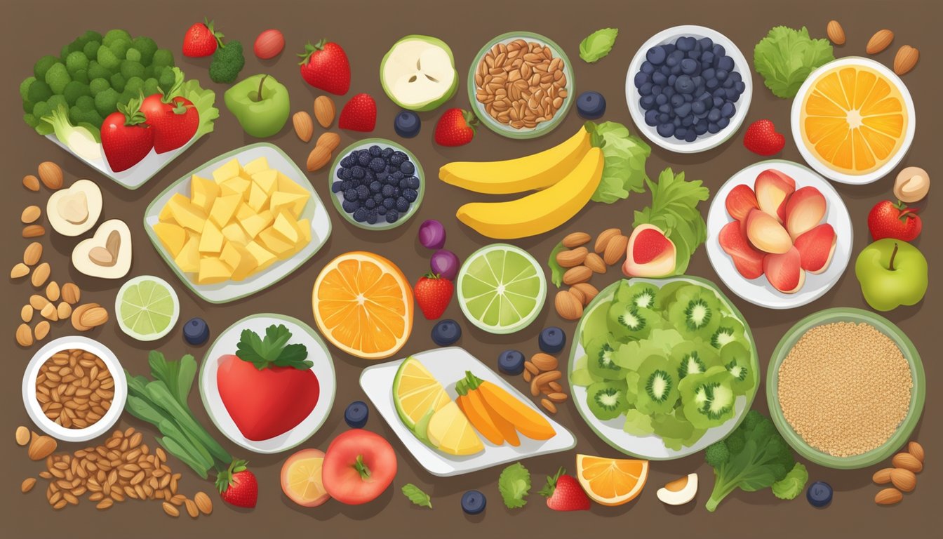 A table set with a colorful array of heart-healthy foods, including fruits, vegetables, whole grains, lean proteins, and nuts