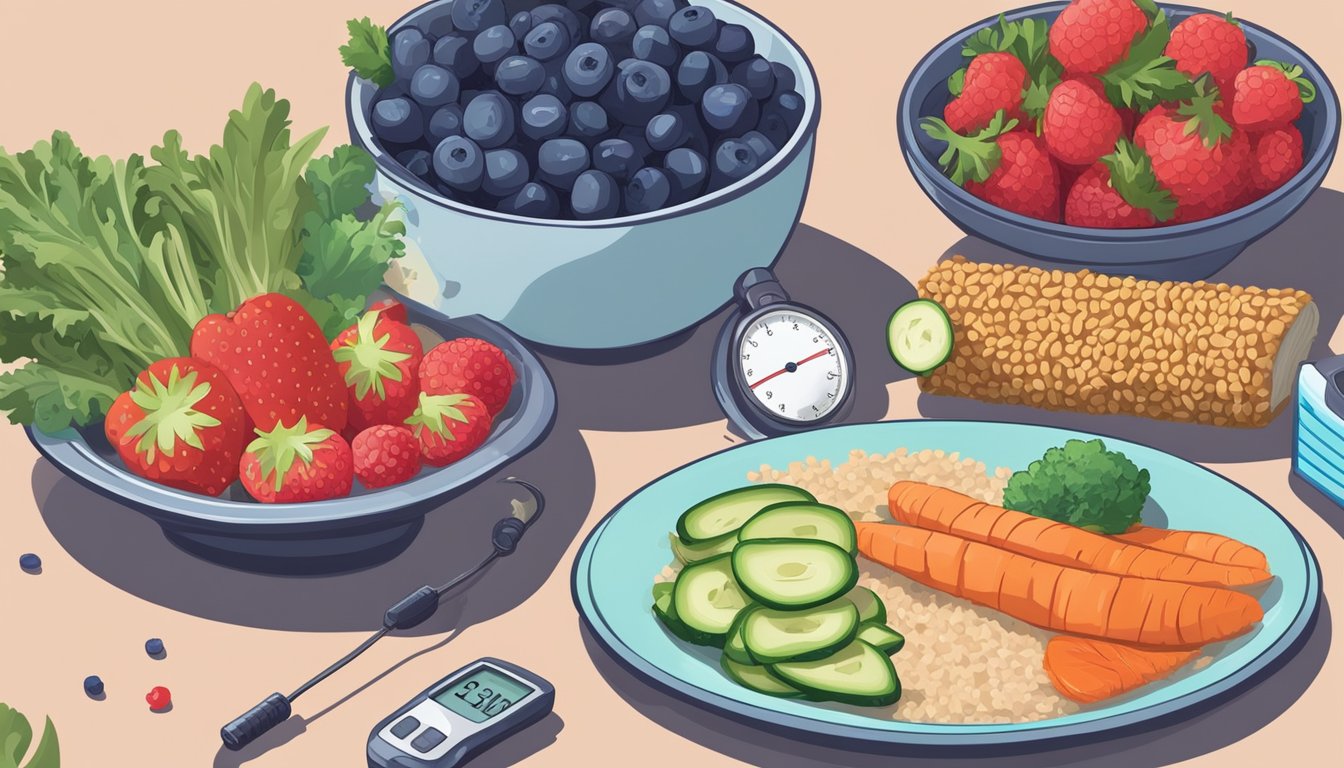 A colorful plate with lean protein, non-starchy vegetables, and whole grains. A measuring cup of berries, a vial of insulin, and a blood glucose monitor are nearby