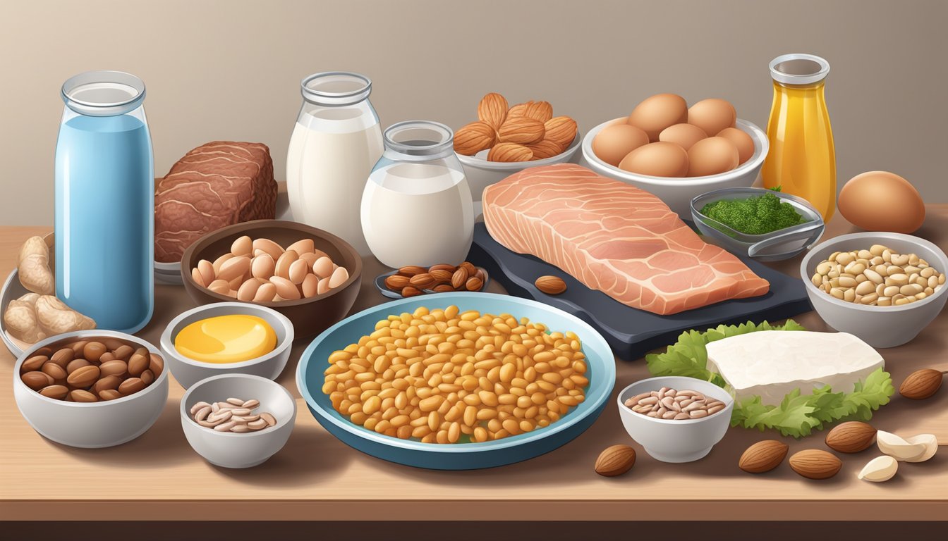 A variety of high-protein foods arranged on a table, including lean meats, fish, eggs, nuts, and beans, with a focus on building and repairing tissue