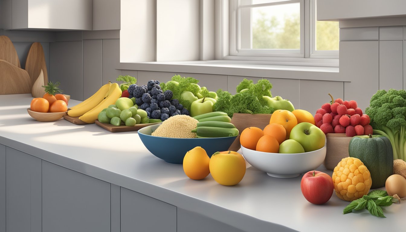 A colorful array of fresh fruits, vegetables, lean proteins, and gluten-free grains arranged on a clean, modern kitchen counter