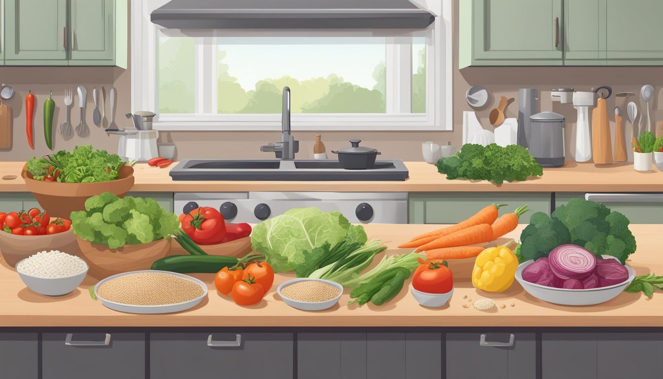 A kitchen counter with a variety of fresh vegetables, lean meats, and whole grains laid out for meal prep. A measuring scale and a cutting board are also visible