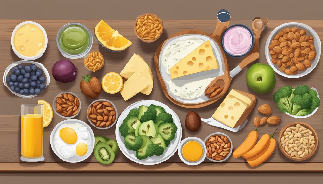 A table with a variety of high-protein snacks: nuts, seeds, cheese, yogurt, and lean meats. Fruits and vegetables are also present to add balance to the meal plan