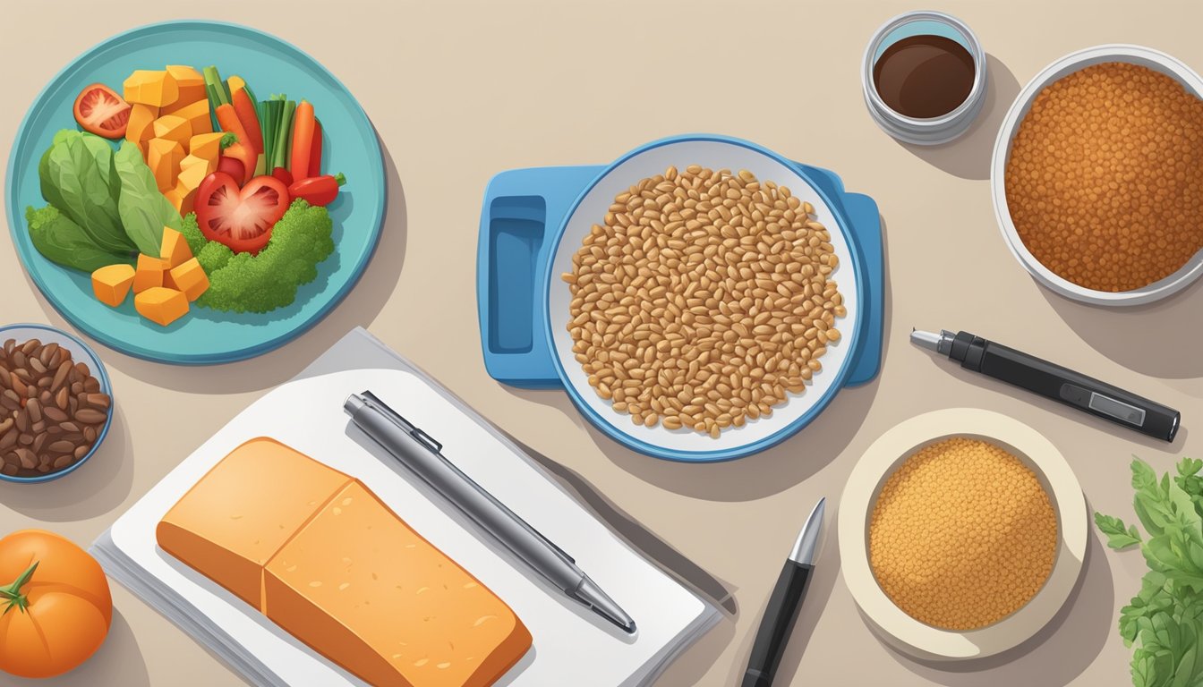 A table set with a balanced meal of whole grains, vegetables, and lean protein, alongside a blood sugar monitor and insulin pen