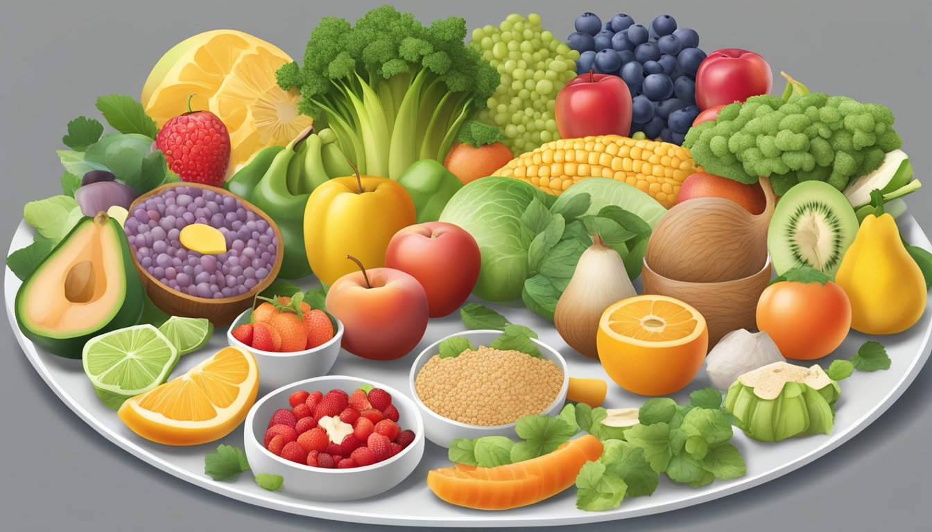 A colorful array of fresh fruits, vegetables, lean proteins, and whole grains arranged on a plate, representing a balanced meal plan for a senior diabetic