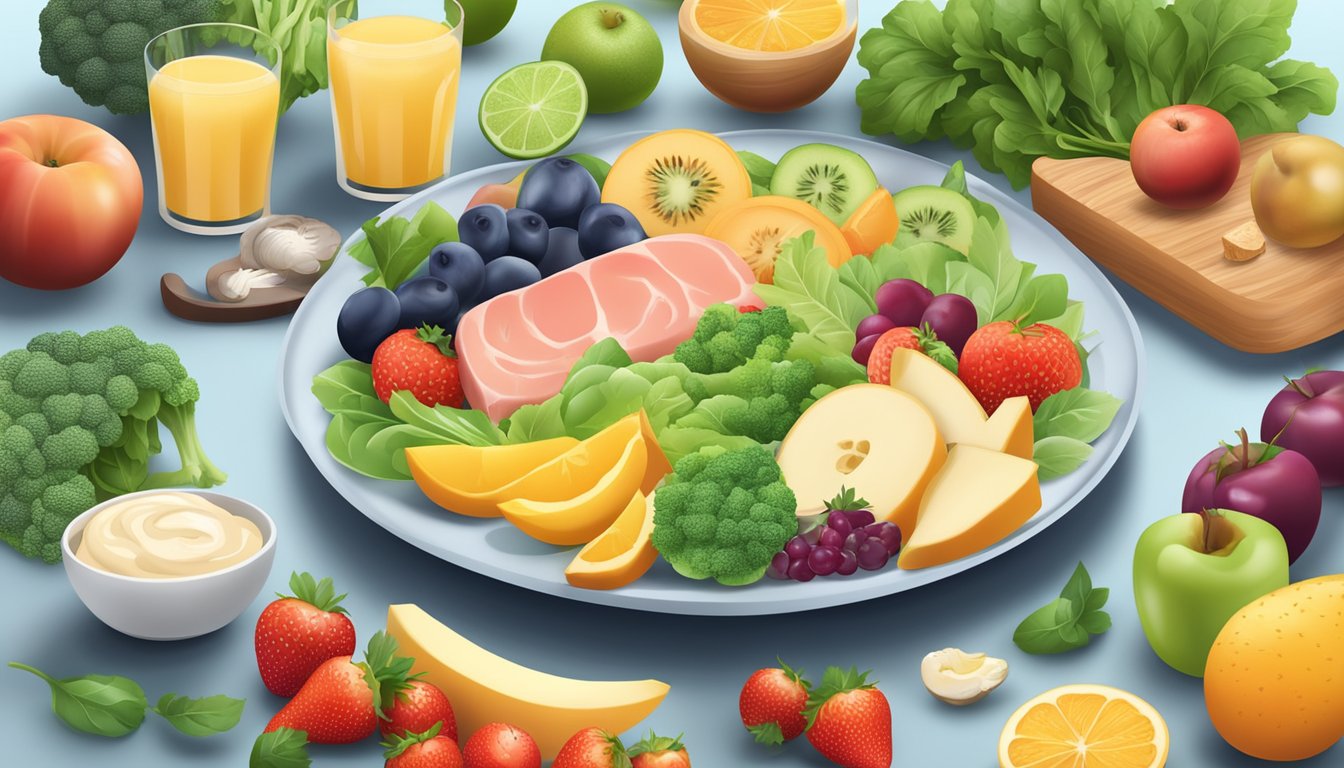 A plate with a balanced meal including lean proteins, healthy fats, and low-fat dairy, surrounded by fresh fruits and vegetables