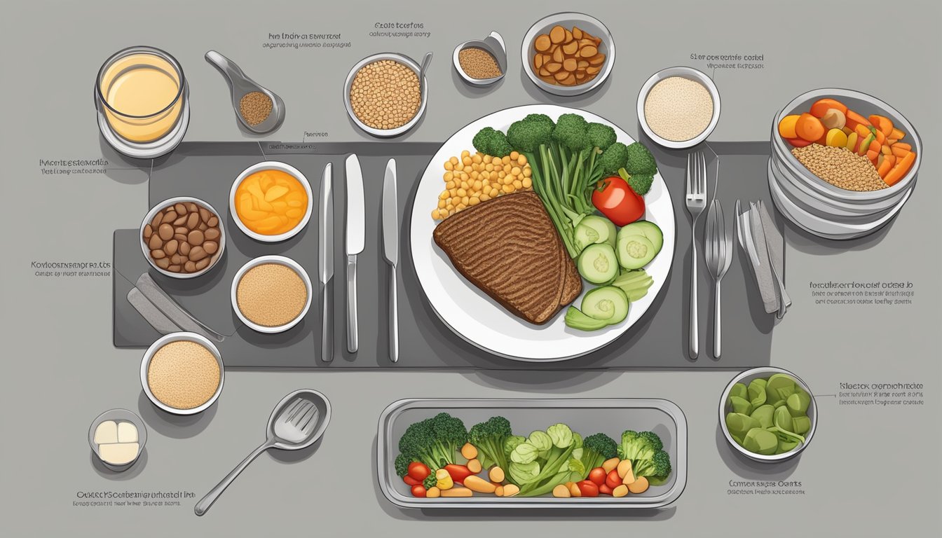 A table set with a balanced meal of lean protein, vegetables, and whole grains, with a focus on portion control and nutrient-dense foods