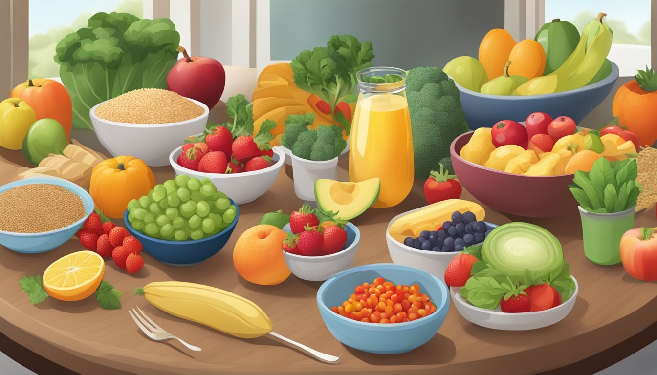 A table set with a colorful array of fruits, vegetables, and whole grains, with a focus on diabetic-friendly options