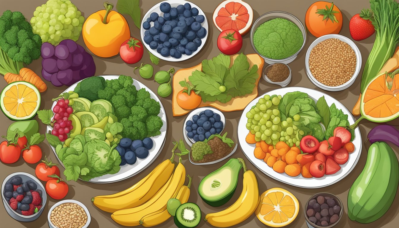 A colorful array of fruits, vegetables, whole grains, and plant-based proteins arranged on a plate, showcasing a balanced and nutritious vegan diabetic meal plan