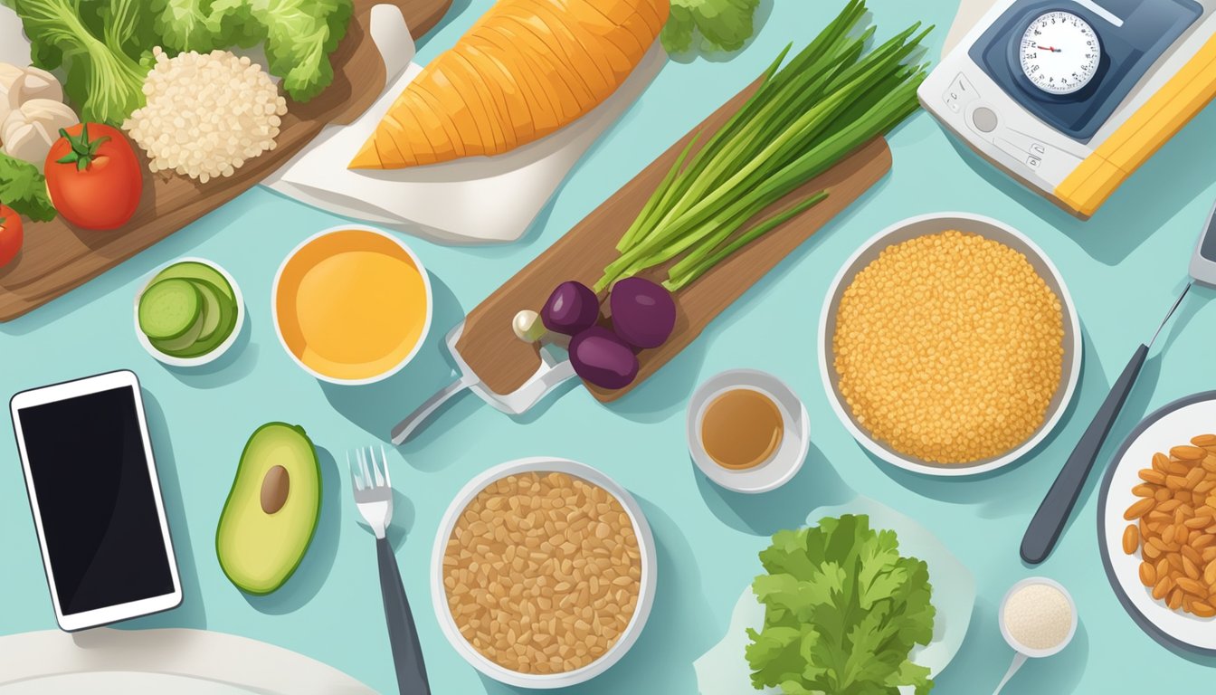 A table set with a balanced meal, including lean protein, vegetables, and whole grains. A measuring tape and blood glucose monitor sit nearby, symbolizing the need for portion control and monitoring blood sugar levels