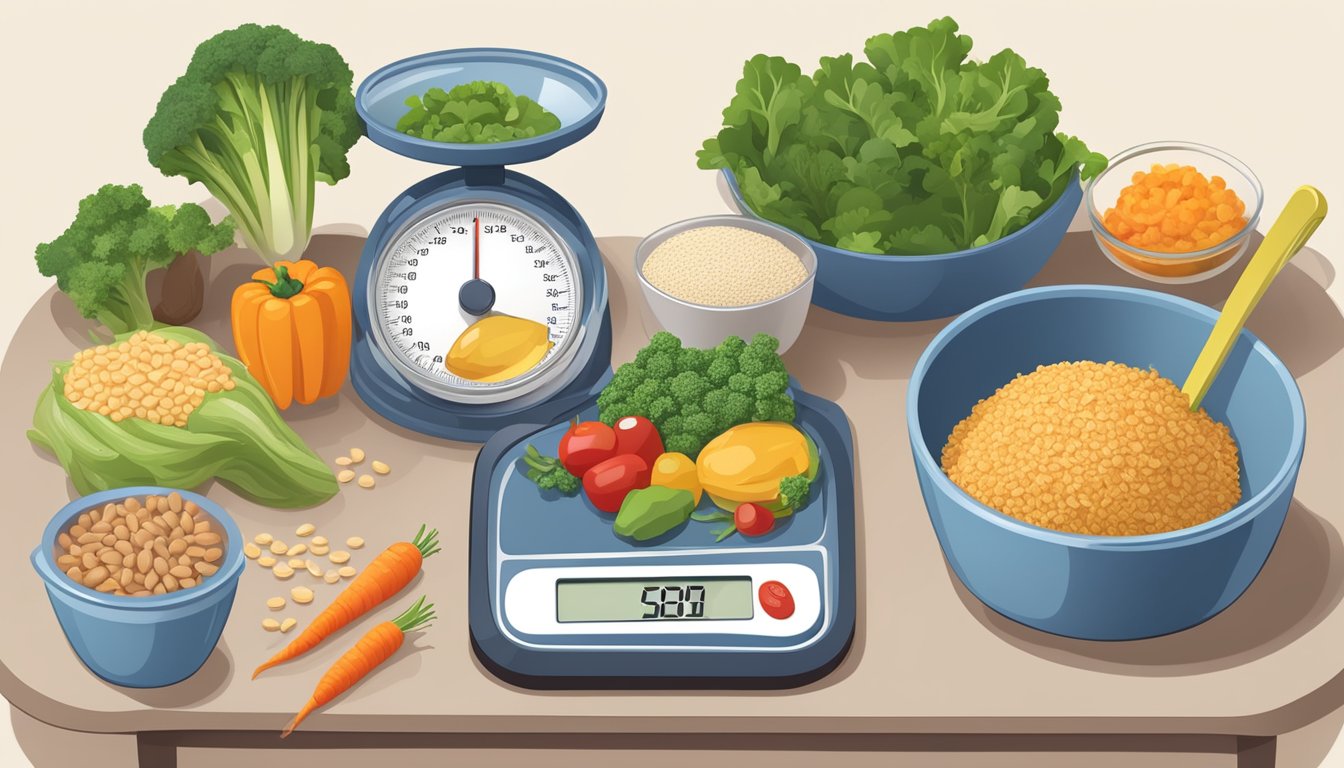 A table set with a balanced meal, including vegetables, lean protein, and whole grains. A measuring cup and food scale sit nearby for portion control