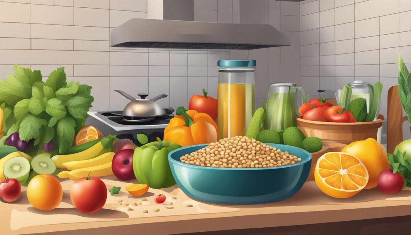 A kitchen counter with a variety of colorful fruits, vegetables, grains, and legumes. A cutting board with chopped ingredients and a pot simmering on the stove