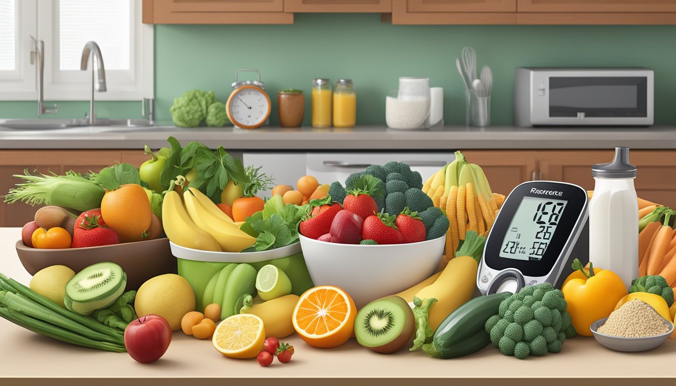 A colorful array of fresh fruits, vegetables, whole grains, and lean proteins arranged on a kitchen counter, with a meal plan and blood sugar monitor nearby