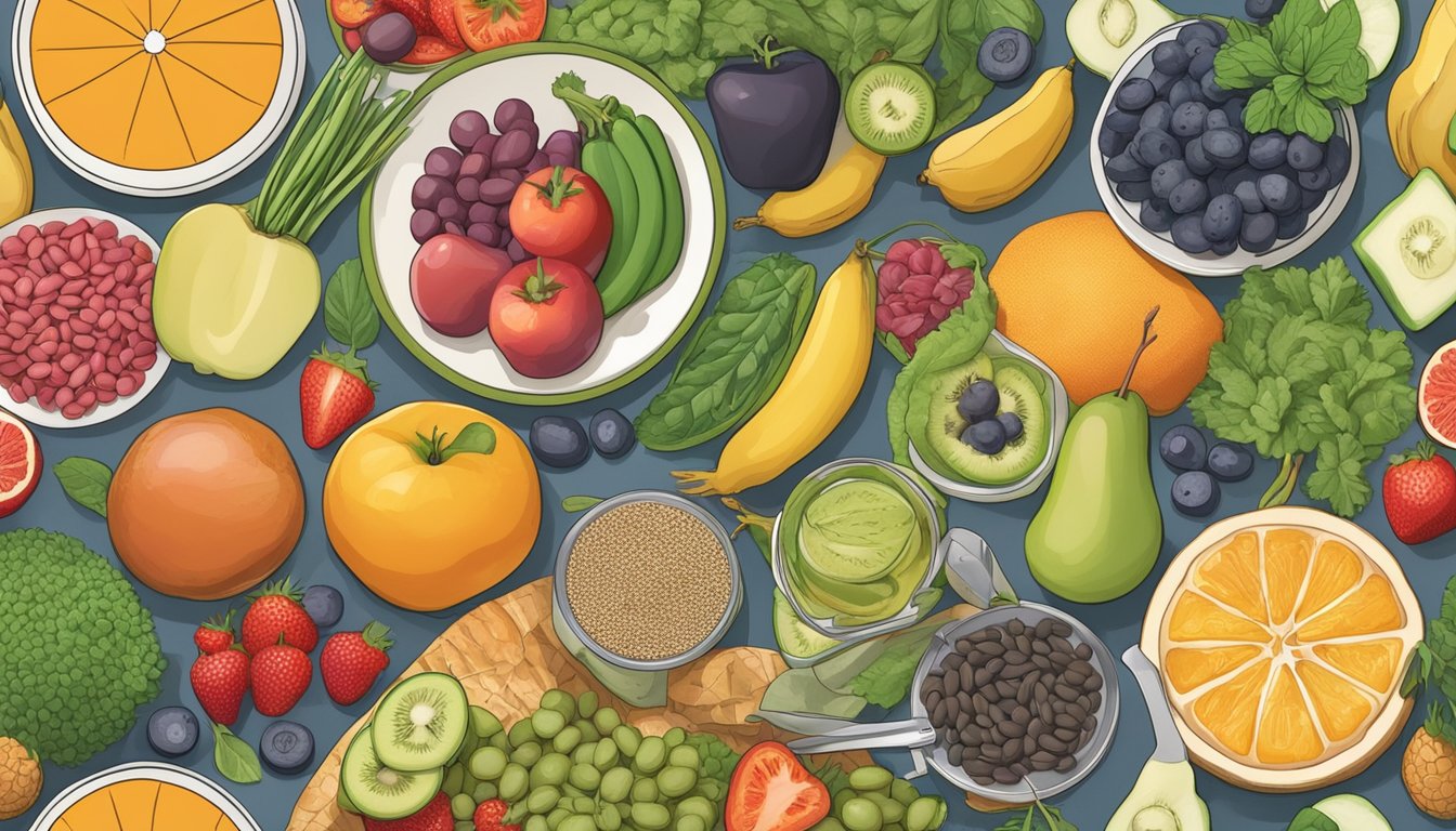 A colorful plate of plant-based foods with a variety of fruits, vegetables, grains, and legumes, alongside a blood sugar monitoring device