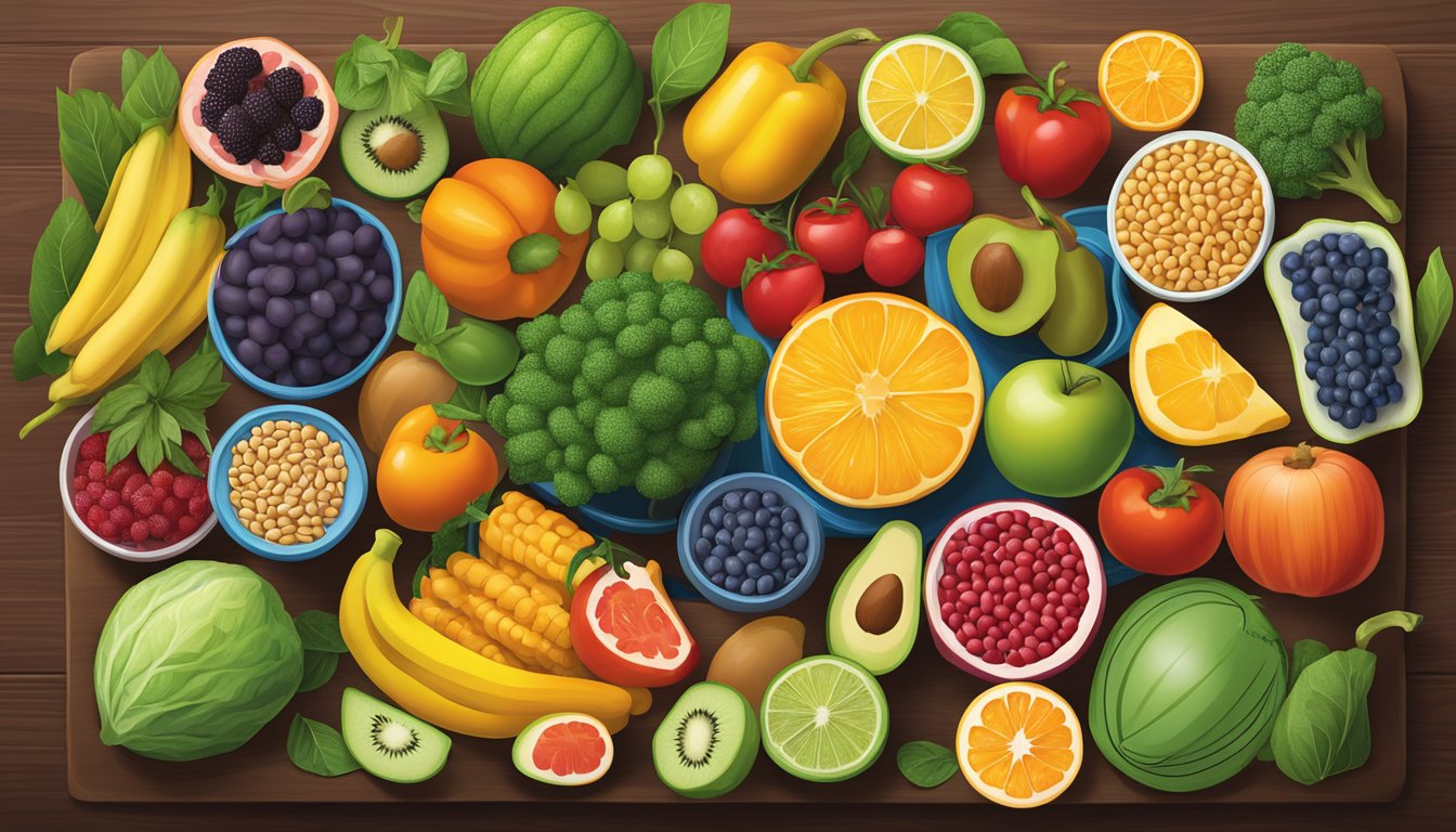 A colorful array of nutrient-rich fruits, vegetables, grains, and legumes arranged on a table, with a focus on balance and variety