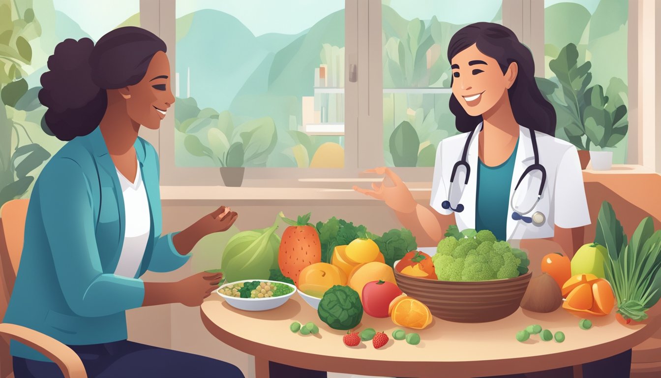 A healthcare professional discussing vegan diabetic meal plans with a patient, surrounded by colorful fruits, vegetables, and whole grains